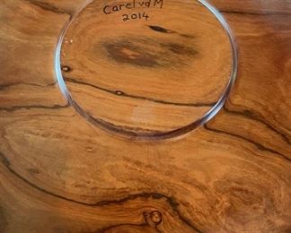 Carel van der Merwe Hand-Carved / Turned South African Olive Wood Bowl. signed By Artist. Measures 16" D x 5" H. Photo 3 of 3.