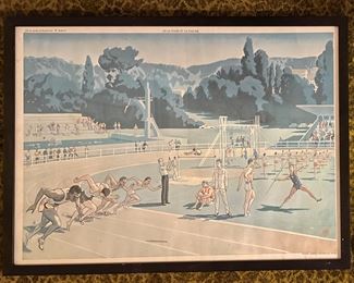 Vintage 1950s French Educational School Poster, Le Stade Et La Piscine, Rossignol, Montmorillon, France. Measures 29" x 22". Photo 1 of 3.