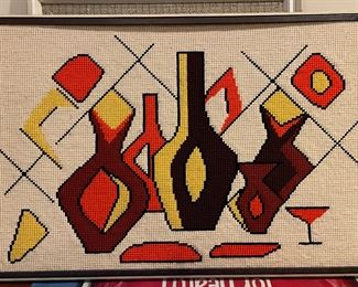 Vintage Hand-Stitched Mid-Century Modern Framed Tapestry.