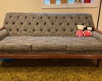 Vintage Blue Tweed Upholstered Mid-Century Modern Sofa. Measures 68.5" W x 34" D. Photo 1 of 4.