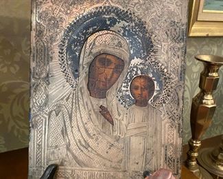 Antique hand painted sterling silver Orthodox icon