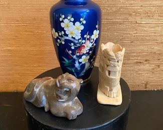 Enameled vase, stone tiger, carved bone vessel