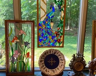 Two LARGE stained glass windows - XXL enameled charger with ornate wood stand - Ansonia "Lydia" clock