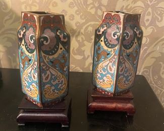 Pair cloisonne vases with fitted wood stands