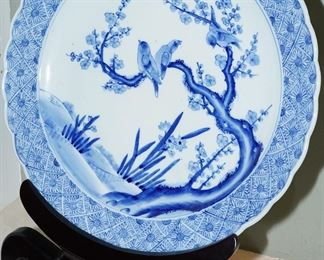Vintage blue & white Imari platter on wood stand