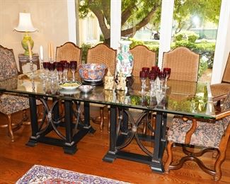 Glass topped double pedestal dining table. The chairs are being sold separately in sets of two.