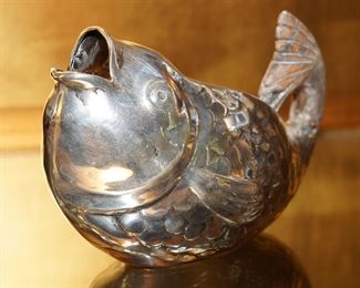 Small vintage sterling fish bowl with carved wood tail