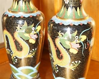 Set of 2-5 Claw Dragon cloisonne vases on stands. The brown, yellow and green colors are quite unique to cloisonne vases.