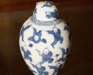 Antique miniature 100 boys snuff bottle/lidded ginger jar.