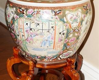 Vintage mid century Asian fishbowl planter on rosewood stand