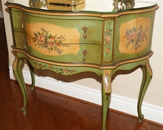 Glass topped painted French bombe chest cabinet