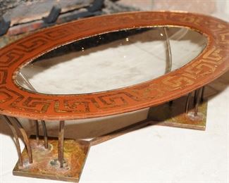 Grecian glass bowl on distressed iron stand