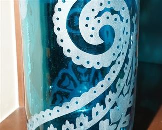 Teal & white art glass vase