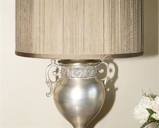 Brushed nickel and granite urn table lamps x 2.