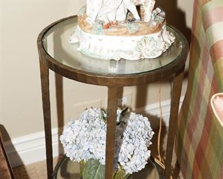 Two tier glass topped copper accent table