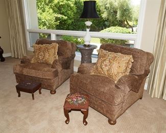 Stanford Furniture chairs x 2. Needlepoint stools and Gary Nichols pillows sold separately. Curtains not for sale.