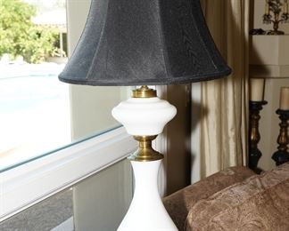 Vintage milk glass double globe and brass table lamp.