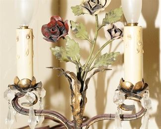 Vintage Italian gold gilt rose candle lamps x 2