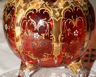Vintage cranberry & gold footed bowl