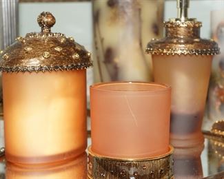 4 piece enameled swarovski crystal Mike & Ally bathroom accessory set. This set includes the tray, covered cotton ball holder, drink glass and soap dispenser.