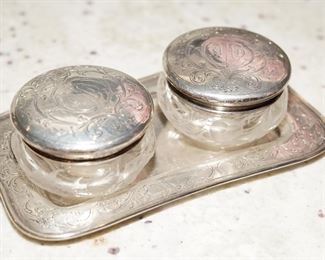 Sterling & crystal talc jars and tray.
