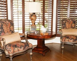 Century Furniture paisley chairs with barley twist arms.