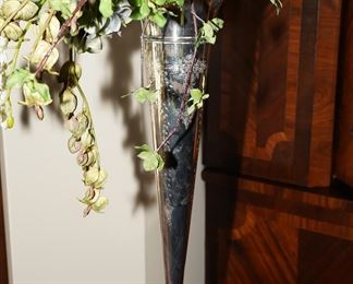 Vintage etched sterling trumpet vase with faux florals. This piece stands about 2.5ft tall.