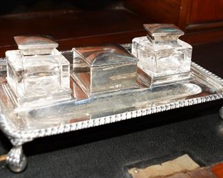 John Grinsell & Son Sterling & crystal ink well set on sterling tray-4 piece set. Note the ball and claw feet? Very cool! English by the way.