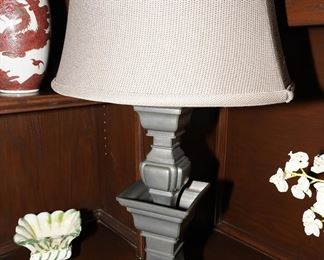 Pagoda style brushed metal & wood table lamp x 2