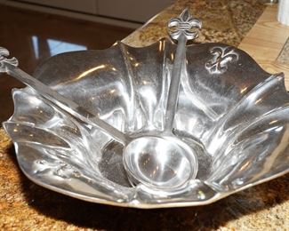 Holland Boone pewter fleur de lis salad bowl and serving utensils