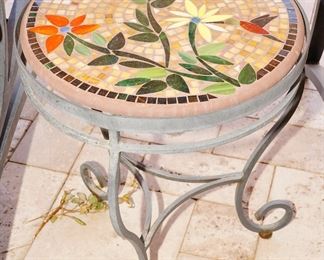 Inlaid floral mosaic wrought iron side table