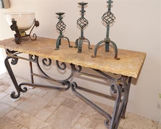 Wrought iron hall tables x 2-various sizes.
