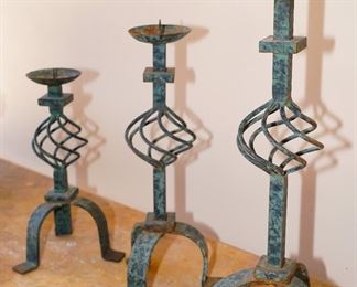 Set of 3 wrought iron variable height candlesticks