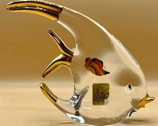Bell Glass With 24k ORO Gold Angel Fish Hand Blown Statue Made In Italy