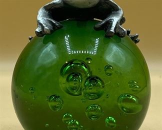 Silver Tone Metal Frog On Green Glass Ball Paperweight
