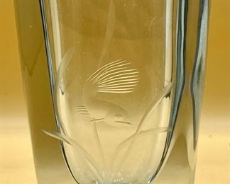 Sweden Scandinavia Design Artist Signed Glass Vase With Etched Fish