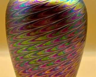 Iridescent Fether Pulled Glass Vase By The Glass Eye Studio