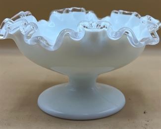 Fenton Silver Crest Milk Glass Ruffled Crimped Pedestal Bowl
