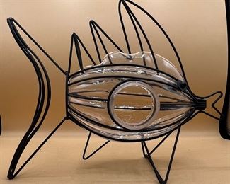 Handblown Art Glass Fish Votive Holder In Black Iron Stand