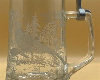 German Etched Glass Hunter Scene Stein With Pewter Lid
