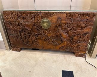 Carved wooden oriental trunk with glass on top!  Amazing!