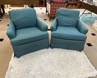 Two chairs purchased from Rust and Martin.  Also included are cream custom made chair covers for each.  Cream shag rug 37" x 61"