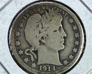 1914 Barber Silver Quarter, VF, Nice Details