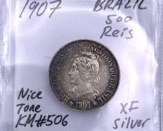 1907 Brazil 500 Reis Silver, XF, Nice Tone