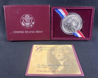 1993 Thomas Jefferson UNC Silver Dollar
