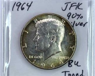 1964 JFK 90% Silver Half Dollar, BU Toned