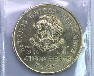 1951 Mexico Silver 5 Pesos, AU/BU