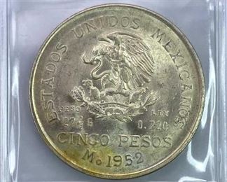 1952 Mexico Silver 5 Pesos, AU/BU