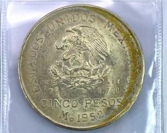1952 Mexico Silver 5 Pesos, AU/BU