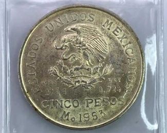 1953 Mexico Silver 5 Pesos, AU/BU
